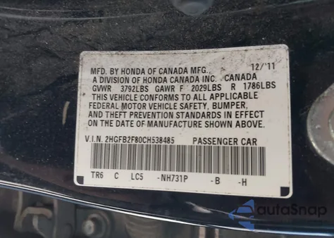 2012 Honda Civic Ex z USA, uszkodzony, nr VIN 2HGFB2F80CH538485